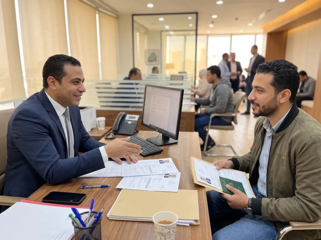 مستشار توظيف في شركة البدوي يقدم الدعم والإرشاد لمرشح مصري ويجيب على استفساراته حول إجراءات السفر والتقديم لوظائف الخليج ترخيص 638